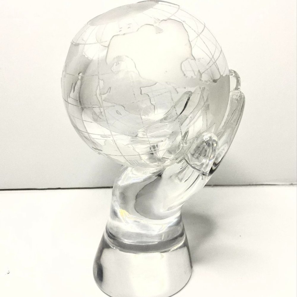 Vintage Surrealist Crystal Sculpture Of Hand Holding The World Globe